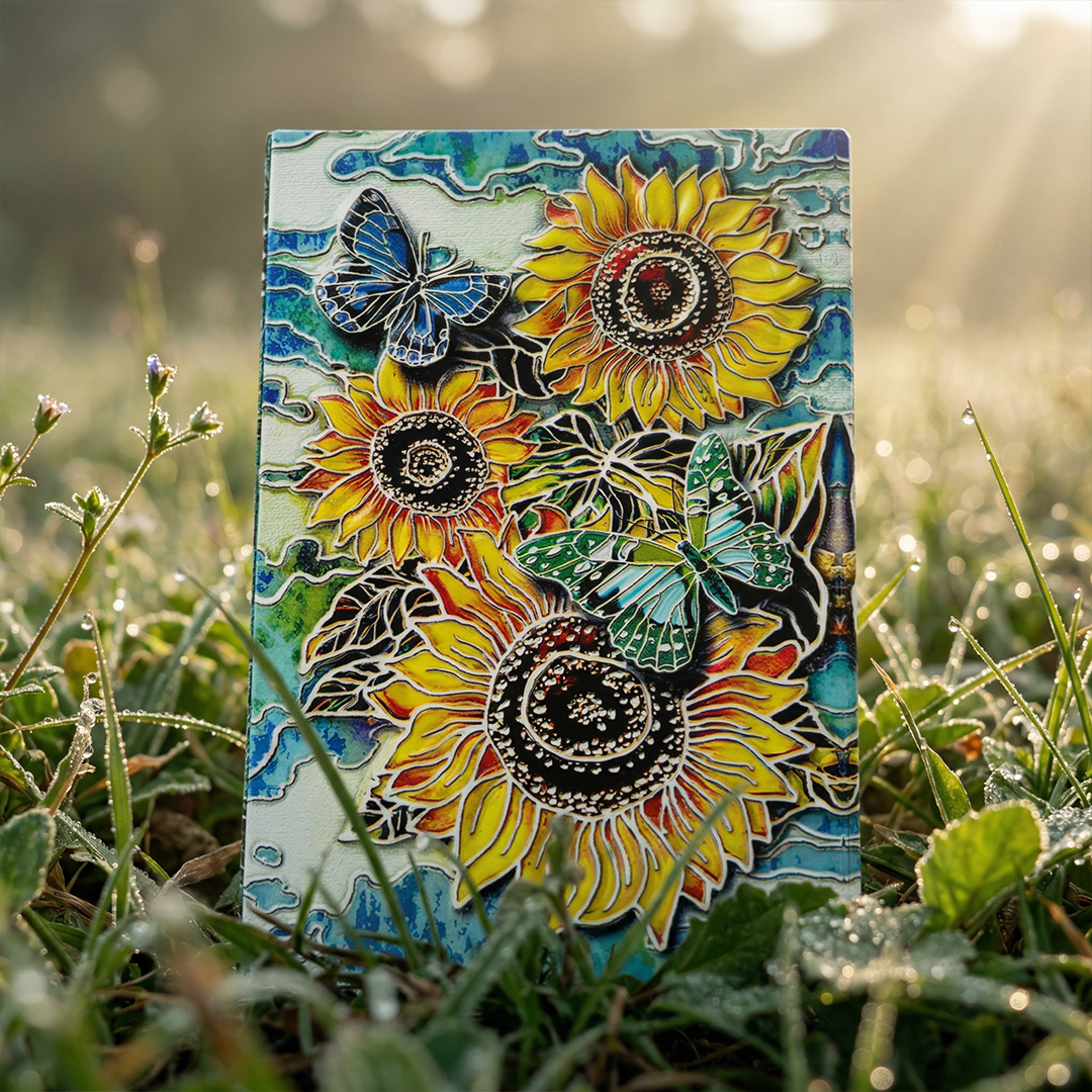 Radiant Bloom – Colorful Sunflower & Butterfly 3D Embossed Vintage Leather Journal Notebook with Golden Diamond Ball Pen (Limited Edition)