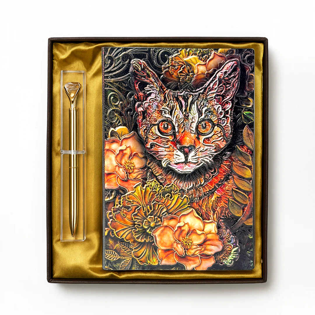 Whiskered Reverie Cat 3D Embossed Vintage Leather Journal Notebook with Golden Diamond Ball Pen (Limited Edition)