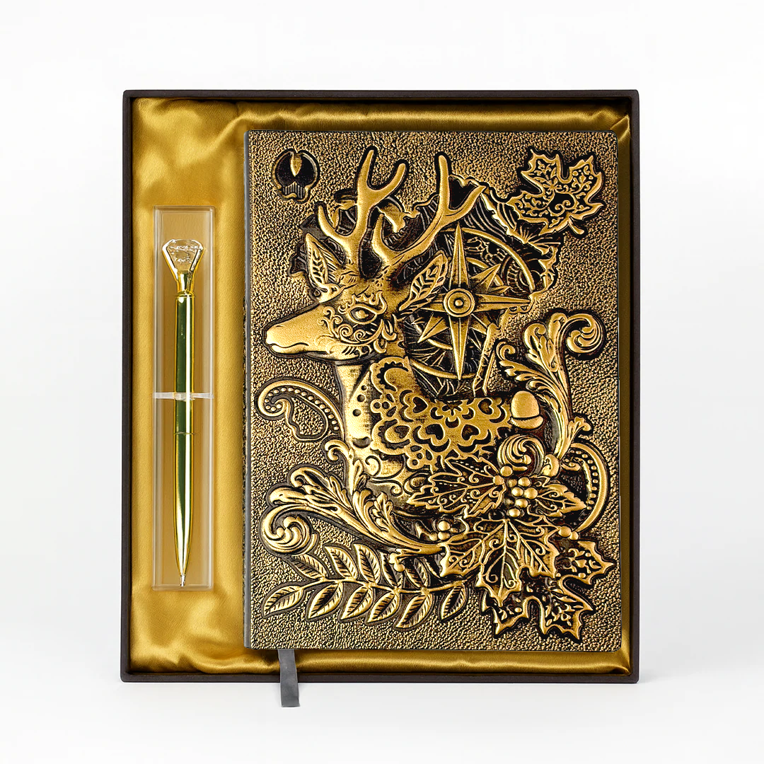 Elderhorn Spirit Reindeer 3D Embossed Vintage Leather Journal Notebook with Golden Diamond Ball Pen – Christmas Edition (Limited Edition)