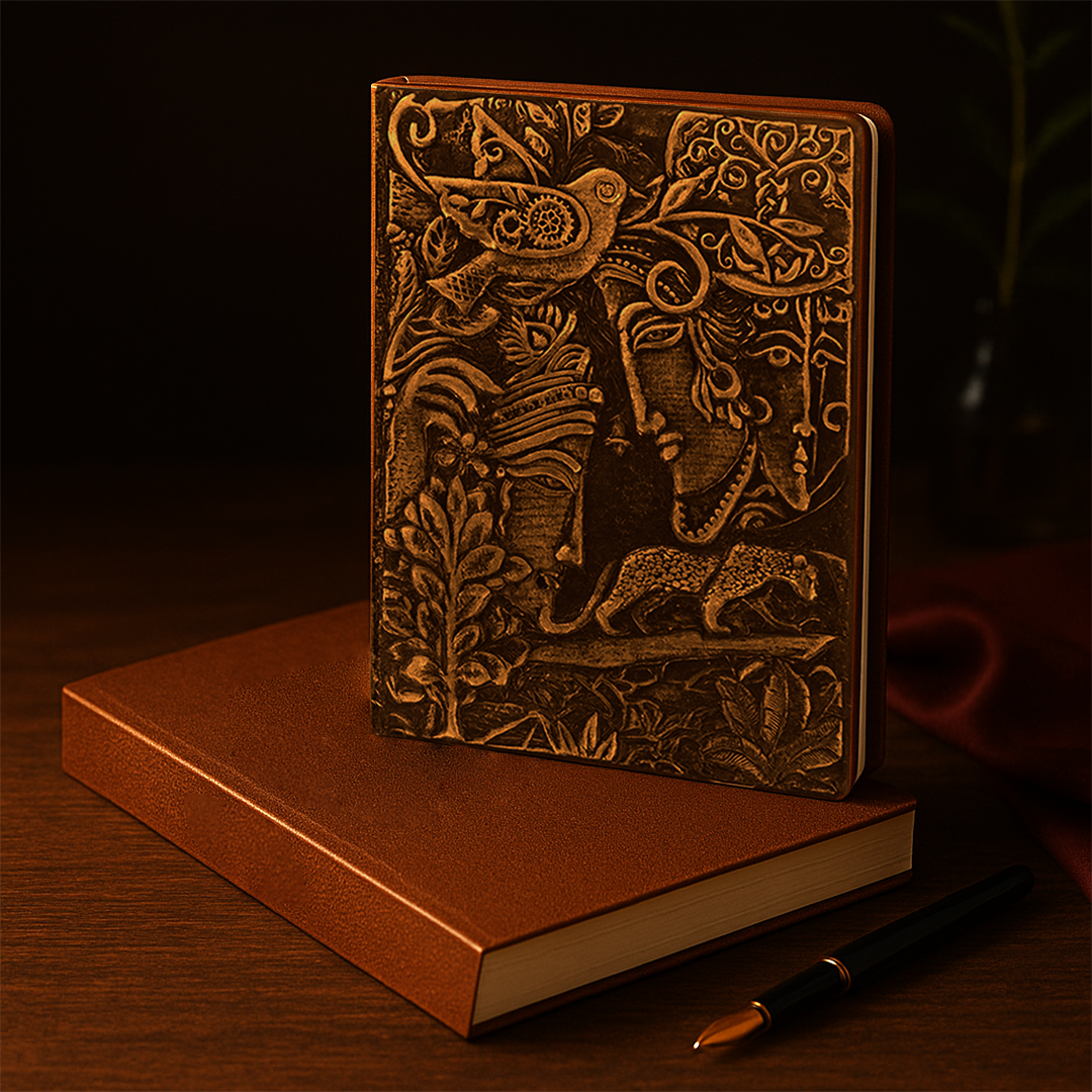 Radha Krishna Bronze 3D Embossed Vintage Leather Journal Notebook with with Golden Diamond Ball Pen (Limited Edition)