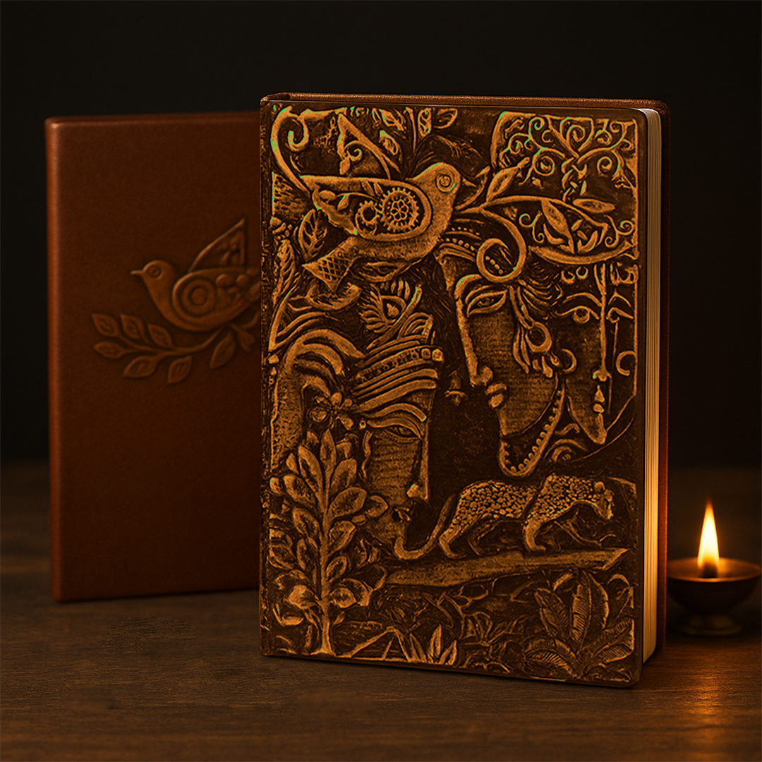 Radha Krishna Bronze 3D Embossed Vintage Leather Journal Notebook with with Golden Diamond Ball Pen (Limited Edition)