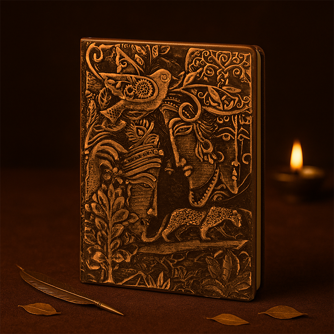Radha Krishna Bronze 3D Embossed Vintage Leather Journal Notebook with with Golden Diamond Ball Pen (Limited Edition)