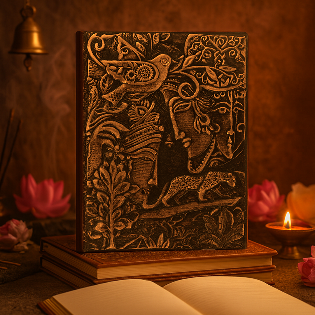 Radha Krishna Bronze 3D Embossed Vintage Leather Journal Notebook with with Golden Diamond Ball Pen (Limited Edition)