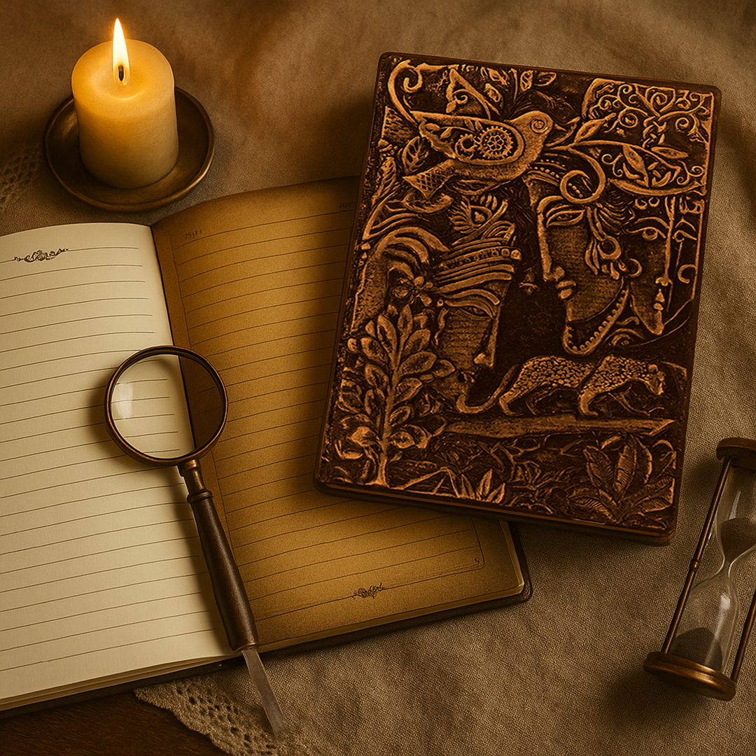 Radha Krishna Bronze 3D Embossed Vintage Leather Journal Notebook with with Golden Diamond Ball Pen (Limited Edition)