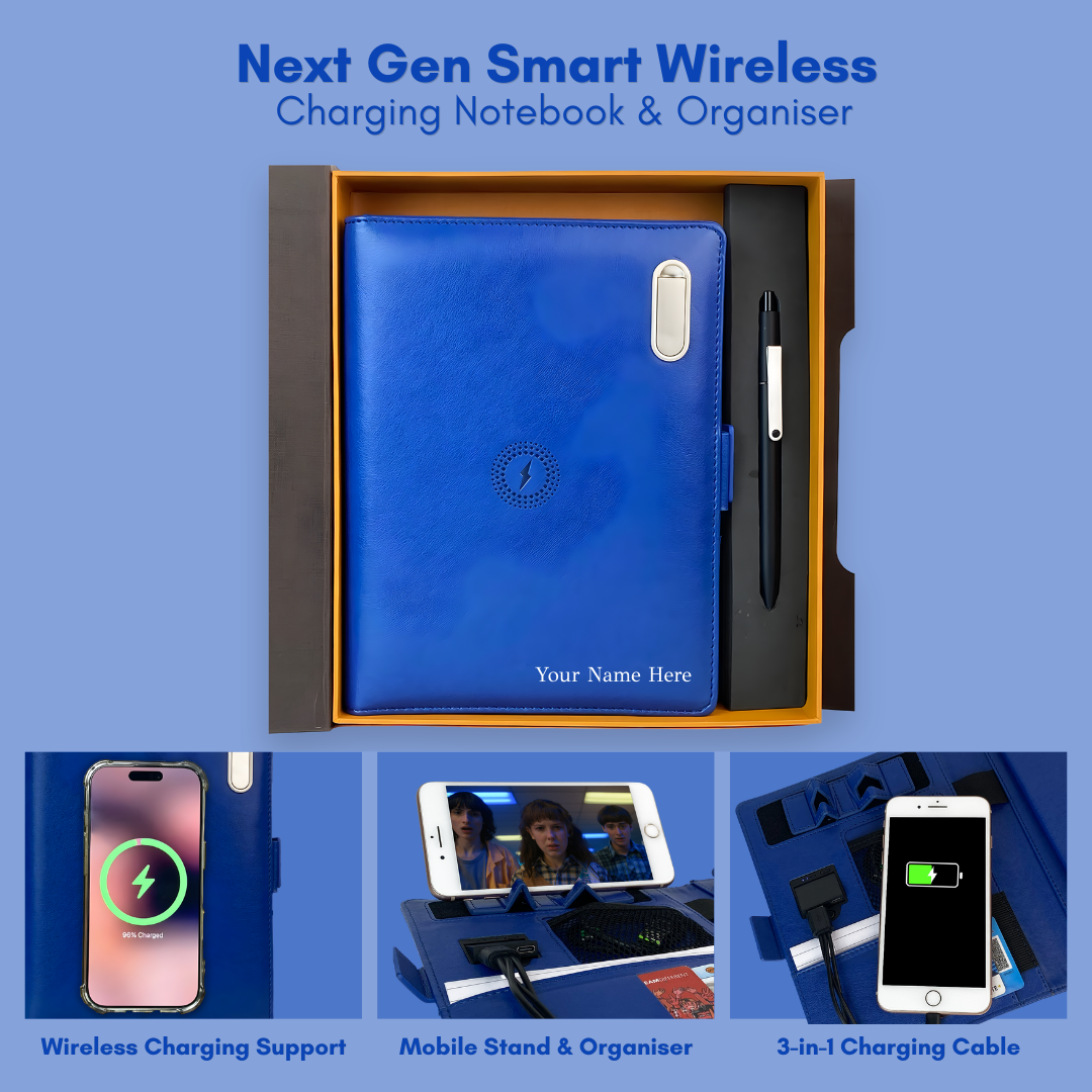 Next Gen - Smart Wireless Charging 8000 mAh Powerbank Notebook with 16 GB Pendrive - (Free Name Personalisation) - Blue