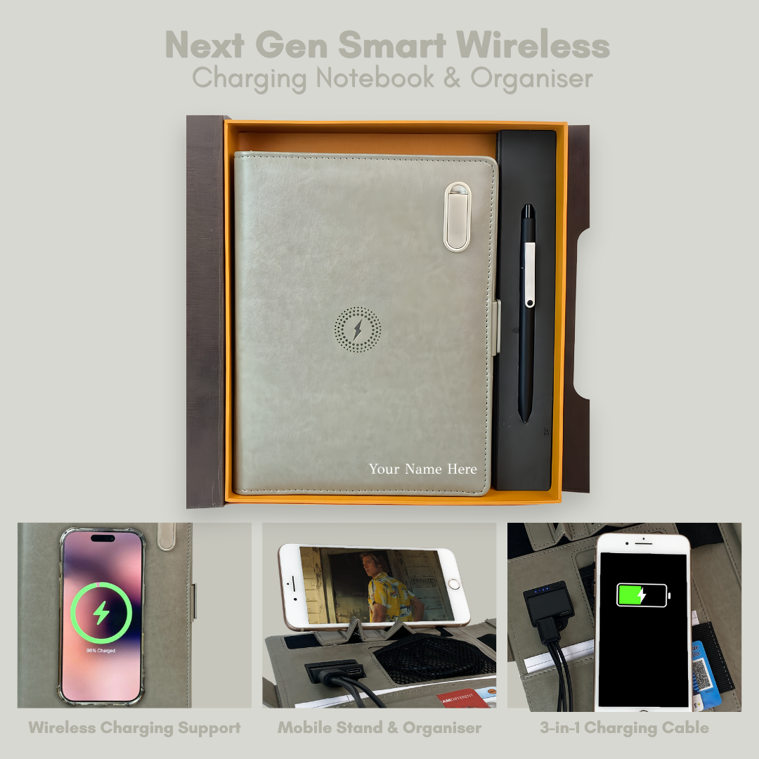 Next Gen - Smart Wireless Charging 8000 mAh Powerbank Notebook with 16 GB Pendrive - (Free Name Personalisation) - Grey