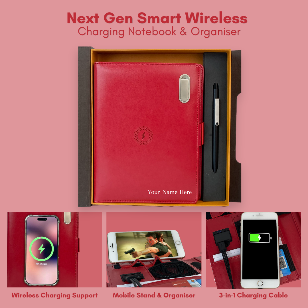 Next Gen - Smart Wireless Charging 8000 mAh Powerbank Notebook with 16 GB Pendrive - (Free Name Personalisation) - Red