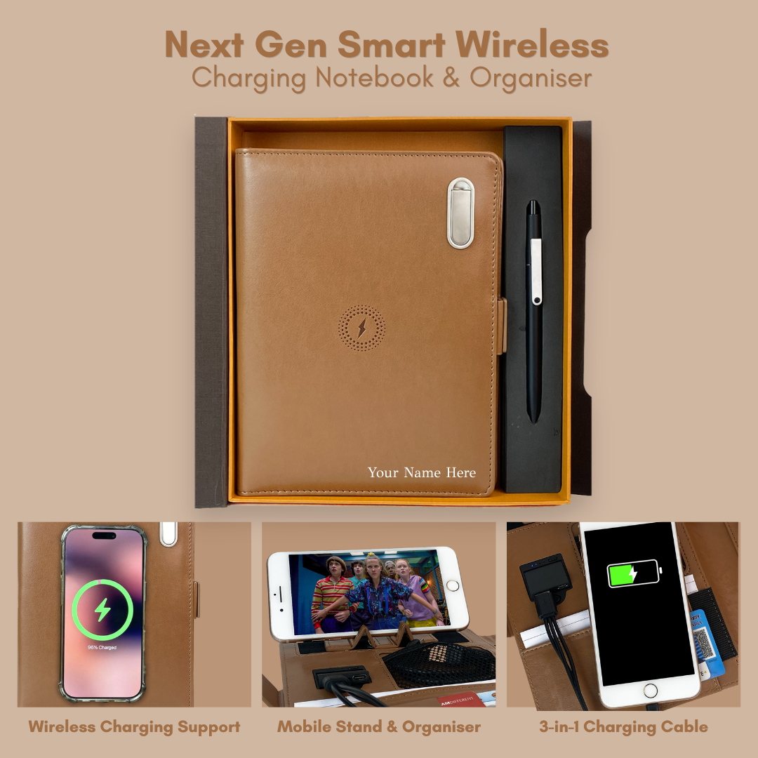 Next Gen - Smart Wireless Charging 8000 mAh Powerbank Notebook with 16 GB Pendrive - (Free Name Personalisation) - Tan