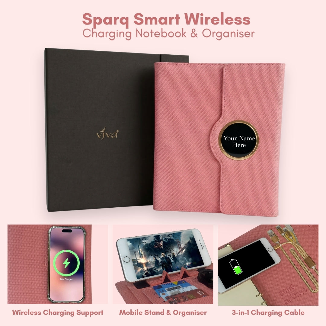 Sparq Smart Wireless Charging 8000 mAh Powerbank Notebook (Free Name Personalisation) - Pink