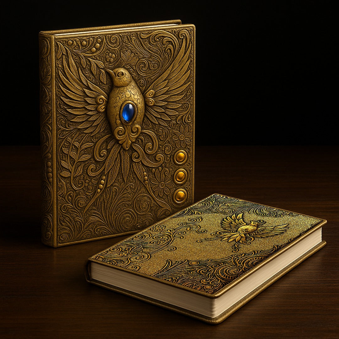 Eagle Bronze Celestial Phoenix 3D Embossed Vintage Leather Journal Notebook with Golden Diamond Ball Pen (Limited Edition)