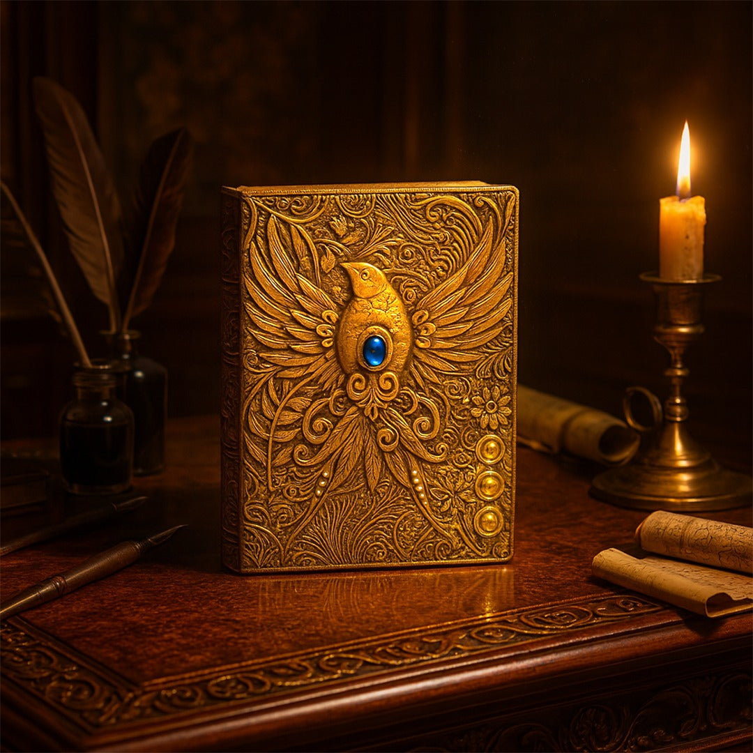 Eagle Bronze Celestial Phoenix 3D Embossed Vintage Leather Journal Notebook with Golden Diamond Ball Pen (Limited Edition)